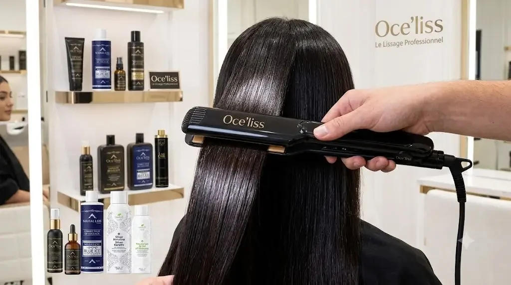 Application professionnelle du Gloss Lissant Application professionnelle du lissage au fer sur une mèche de cheveux dans un salon.