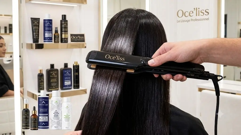 t009-2-formation-lissage-fer Utilisation d’un fer à lisser sur une mèche de cheveux noirs dans un salon.