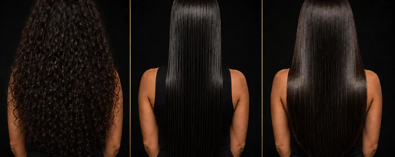 Exemple de résultat visuel Océ’liss Triptyque montrant trois vues de dos d’une chevelure aux textures et niveaux de lissage différents, comme exemple visuel de résultat Océ’liss.